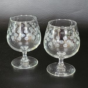 Pair of Vintage Etched Polka Dot Crystal Brandy Glasses Snifters